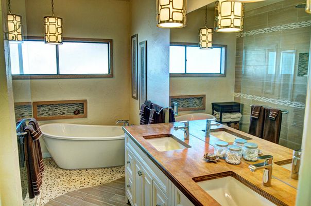 Bathroom, Dual Sink Vanities, Free Standing Baths, Glass Shower, Interior, Pendant Lights, Wood Texture Flooring