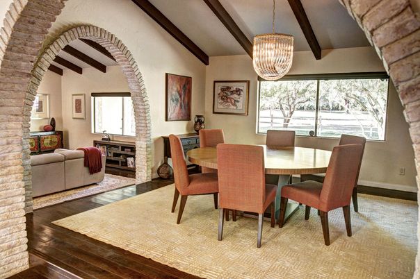 Chandelier, Dining room, Interior, Living room, Pendant Lights, Wooden Beams, Wood Texture Flooring