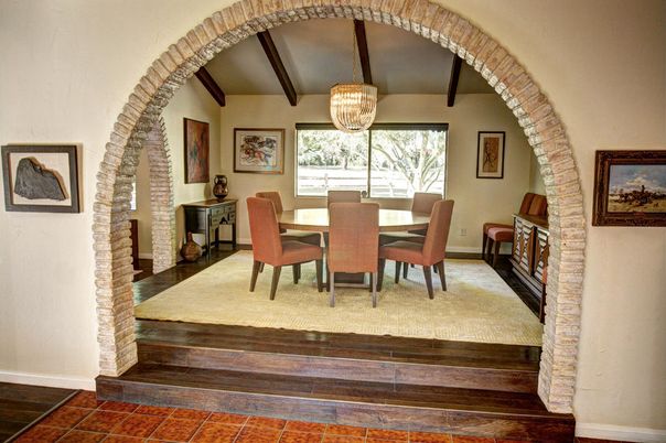 Dining room, Interior, Pendant Lights, Wooden Beams, Wood Texture Flooring