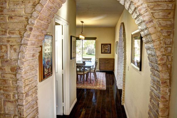 Dining room, Interior, Pendant Lights, Stone Walls, Wood Texture Flooring
