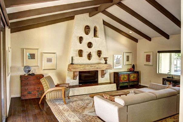 Fireplace, Interior, Living room, Recessed Lighting, Wooden Beams, Wood Texture Flooring