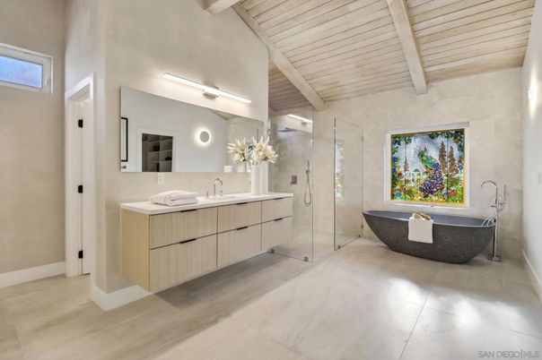 Bathroom, Dual Sink Vanities, Free Standing Baths, Glass Shower, Interior, Wooden Beams, Wooden Ceilings