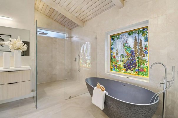 Bathroom, Free Standing Baths, Glass Shower, Interior, Wooden Beams