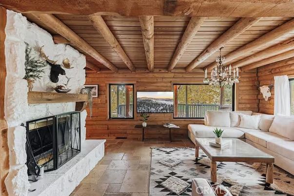 Chandelier, Fireplace, Interior, Living room, Wooden Beams, Wooden Ceilings, Wooden Walls