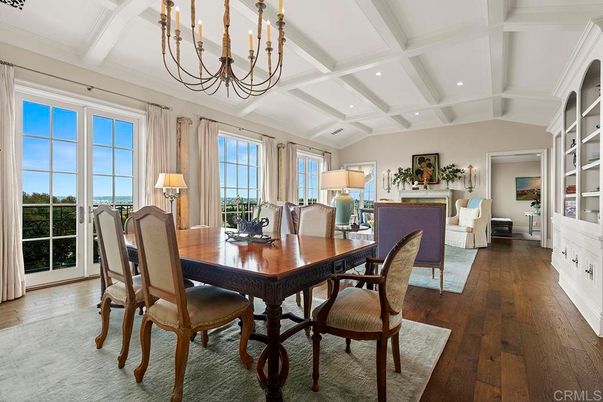 Chandelier, Dining room, Fireplace, Interior, Living room, Recessed Lighting, Wood Texture Flooring