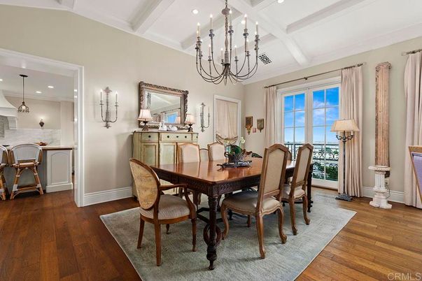 Chandelier, Dining room, Interior, Recessed Lighting, Wood Texture Flooring
