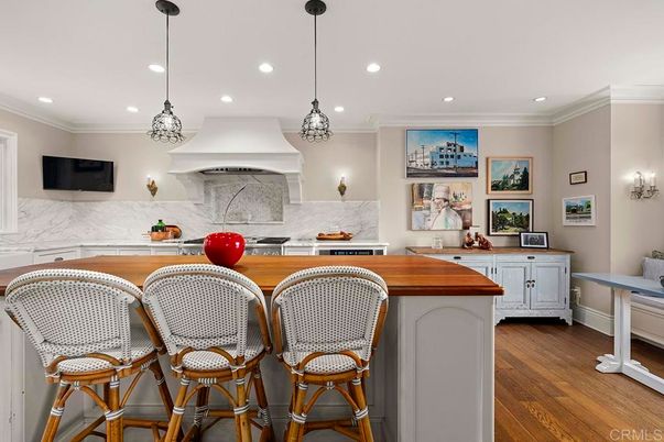 Interior, Kitchen, Marble Walls, Pendant Lights, Recessed Lighting, Wood Texture Flooring