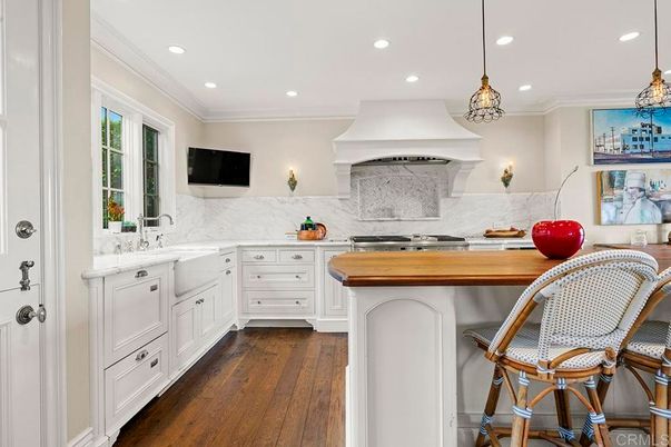 Interior, Kitchen, Marble Walls, Pendant Lights, Recessed Lighting, Wood Texture Flooring