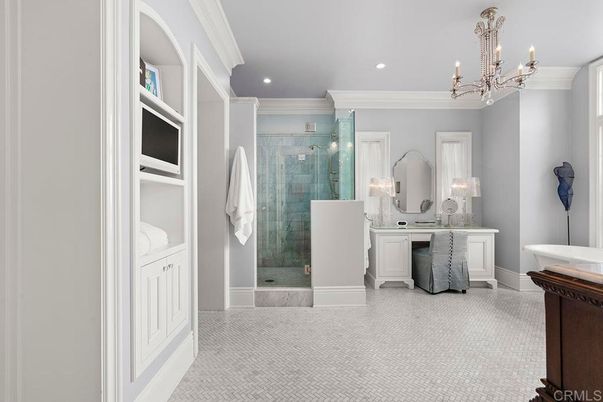 Bathroom, Chandelier, Glass Shower, Interior, Recessed Lighting