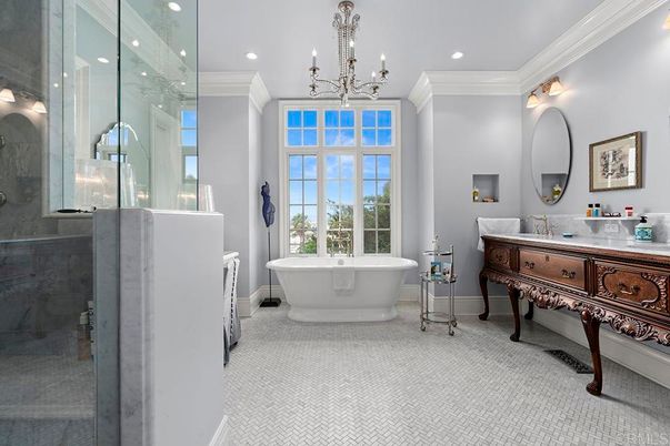 Bathroom, Chandelier, Free Standing Baths, Glass Shower, Interior, Recessed Lighting
