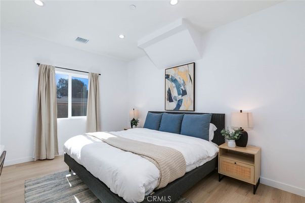 Bedroom, Interior, Recessed Lighting, Wood Texture Flooring