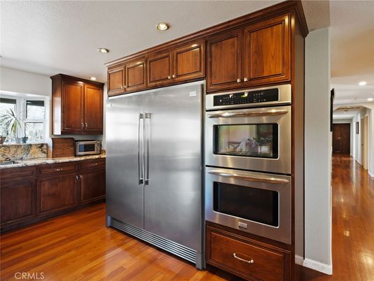 Interior, Kitchen, Recessed Lighting, Stainless Steel Appliances, Wood Texture Flooring