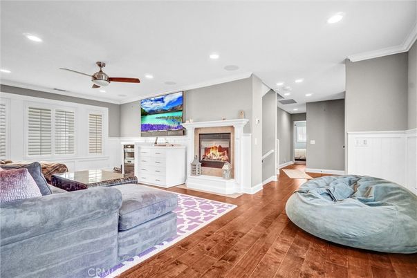 Fireplace, Interior, Living room, Recessed Lighting, Wood Texture Flooring
