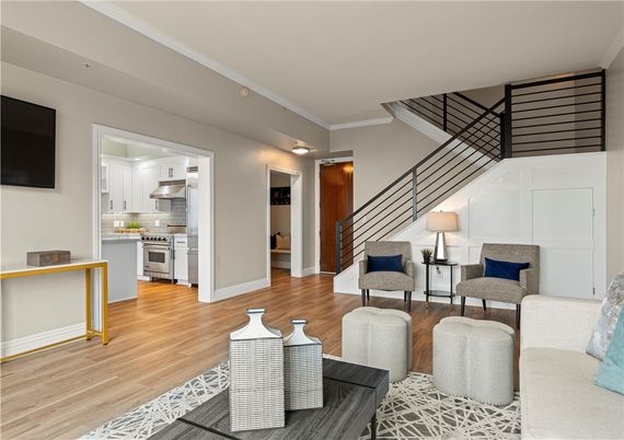 Interior, Kitchen, Living room, Stainless Steel Appliances, Wood Texture Flooring