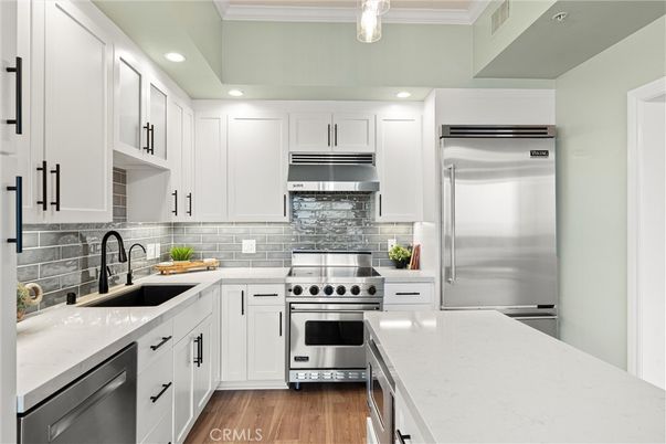 Interior, Kitchen, Recessed Lighting, Stainless Steel Appliances, Wood Texture Flooring