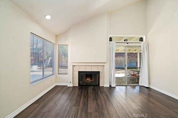 Empty room, Fireplace, Interior, Recessed Lighting, Wood Texture Flooring