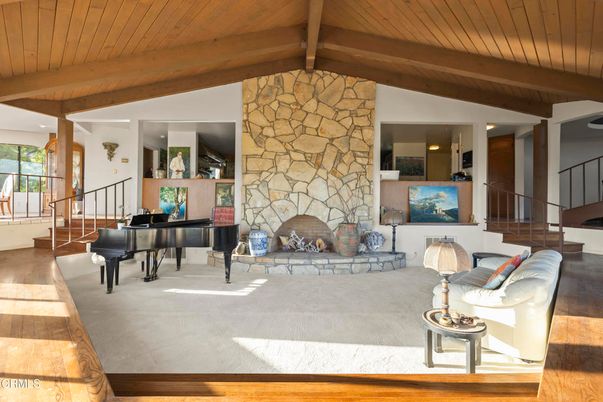 Fireplace, Interior, Piano, Stone Walls, Wooden Beams, Wooden Ceilings, Wood Texture Flooring
