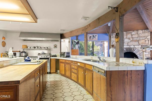 Fireplace, Interior, Kitchen, Stone Walls, Tile Countertops, Wooden Beams, Wooden Ceilings