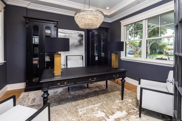 Chandelier, Home Office, Interior, Recessed Lighting, Wood Texture Flooring