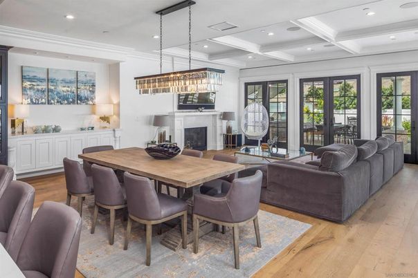 Chandelier, Dining room, Fireplace, Interior, Living room, Pendant Lights, Recessed Lighting, Wood Texture Flooring