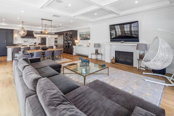 Dining room, Fireplace, Interior, Kitchen, Living room, Pendant Lights, Recessed Lighting, Wood Texture Flooring