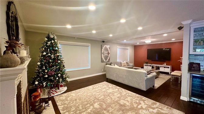 Fireplace, Interior, Living room, Recessed Lighting, Wood Texture Flooring