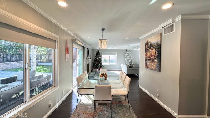 Dining room, Interior, Pendant Lights, Recessed Lighting, Wood Texture Flooring