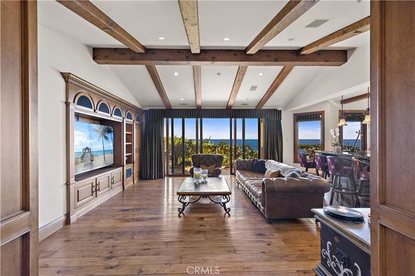 Interior, Living room, Recessed Lighting, Water, Wooden Beams, Wood Texture Flooring