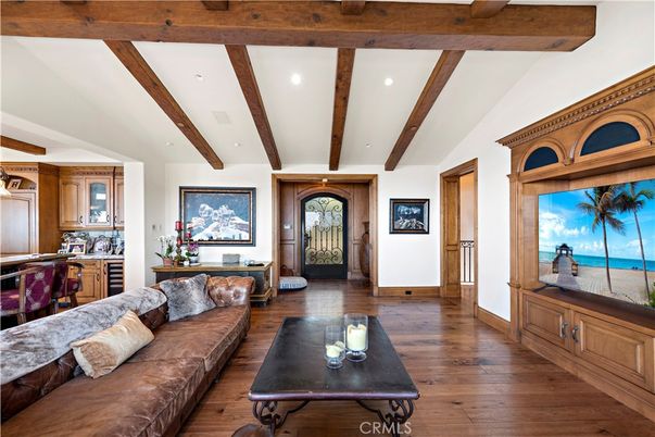 Interior, Living room, Recessed Lighting, Water, Wooden Beams, Wood Texture Flooring