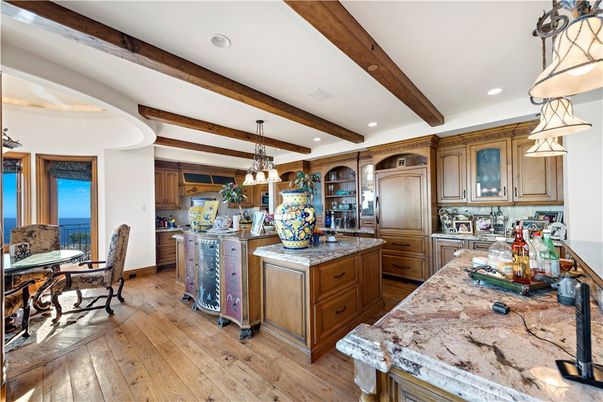 Dining room, Interior, Kitchen, Pendant Lights, Recessed Lighting, Water, Wooden Beams, Wood Texture Flooring