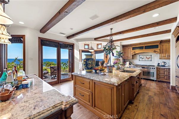 Interior, Kitchen, Pendant Lights, Recessed Lighting, Stainless Steel Appliances, Water, Wooden Beams, Wood Texture Flooring