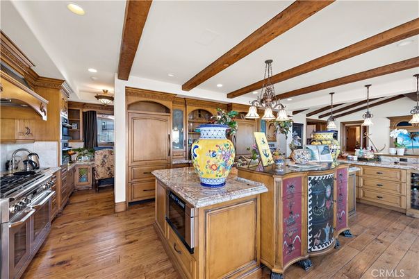 Interior, Kitchen, Pendant Lights, Recessed Lighting, Stainless Steel Appliances, Wooden Beams, Wood Texture Flooring
