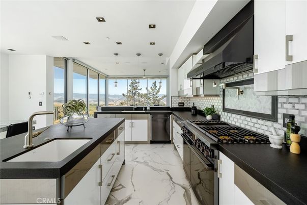 Interior, Kitchen, Marble, Pendant Lights, Recessed Lighting, Stainless Steel Appliances