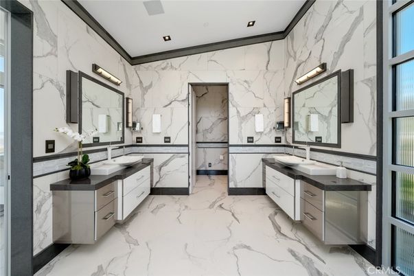 Bathroom, Dual Sink Vanities, Interior, Marble, Marble Walls, Recessed Lighting