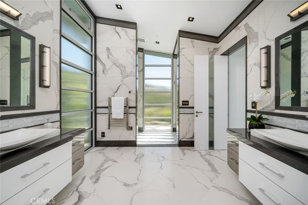 Bathroom, Glass Shower, Interior, Marble, Marble Walls, Recessed Lighting