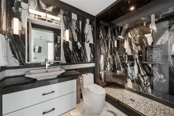 Bathroom, Glass Shower, Interior, Marble, Marble Walls, Recessed Lighting