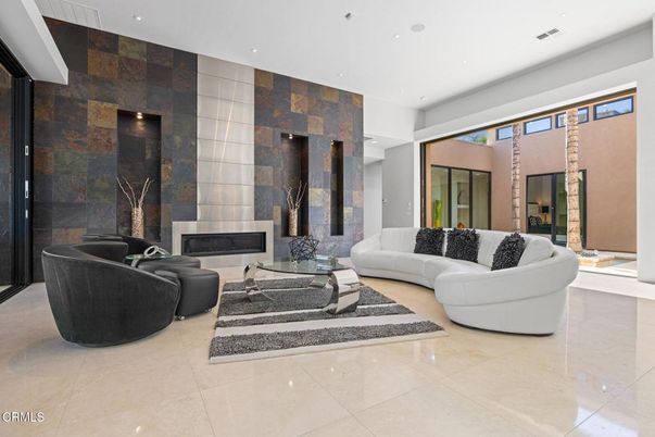Fireplace, Interior, Living room, Recessed Lighting, Stone Walls