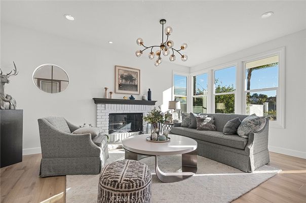 Fireplace, Interior, Living room, Pendant Lights, Recessed Lighting, Wood Texture Flooring