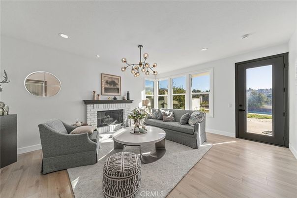 Fireplace, Interior, Living room, Pendant Lights, Recessed Lighting, Wood Texture Flooring