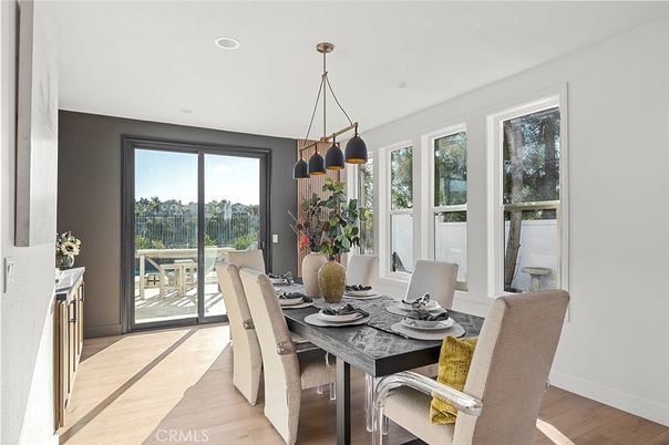 Dining room, Interior, Pendant Lights, Recessed Lighting, Wood Texture Flooring