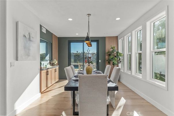 Dining room, Interior, Pendant Lights, Recessed Lighting, Wood Texture Flooring
