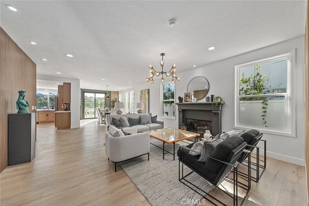 Fireplace, Interior, Living room, Pendant Lights, Recessed Lighting, Wood Texture Flooring