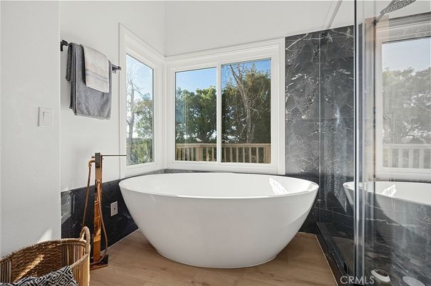 Bathroom, Free Standing Baths, Interior, Marble Walls, Wood Texture Flooring