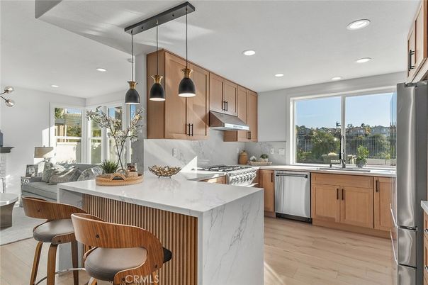 Interior, Kitchen, Pendant Lights, Recessed Lighting, Stainless Steel Appliances, Wood Texture Flooring