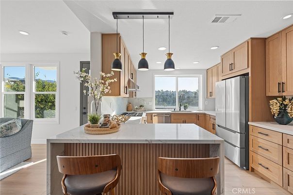Interior, Kitchen, Pendant Lights, Recessed Lighting, Stainless Steel Appliances, Wood Texture Flooring
