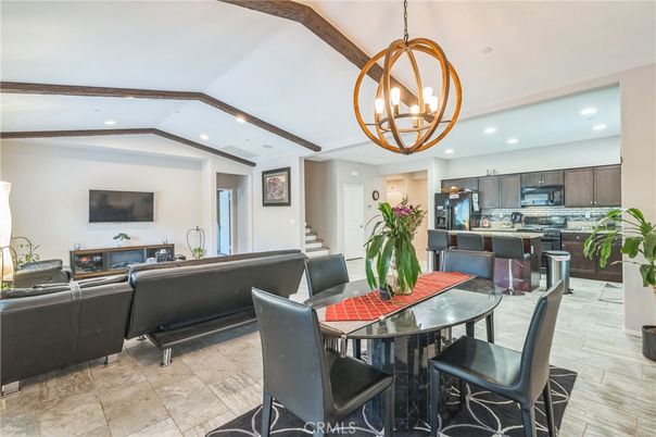 Chandelier, Dining room, Interior, Kitchen, Living room, Recessed Lighting, Stainless Steel Appliances, Wooden Beams