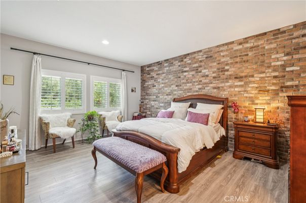 Bedroom, Interior, Recessed Lighting, Stone Walls, Wood Texture Flooring