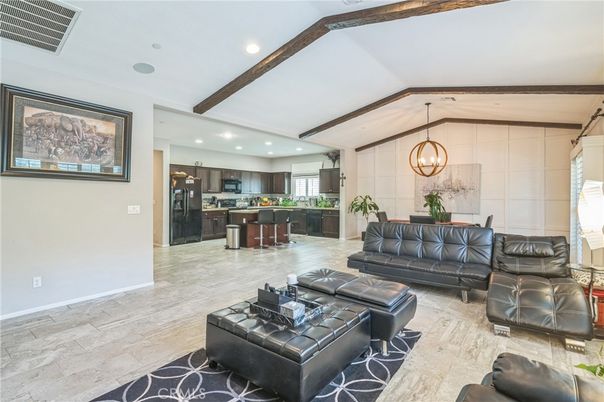 Chandelier, Dining room, Interior, Kitchen, Living room, Pendant Lights, Recessed Lighting, Wooden Beams