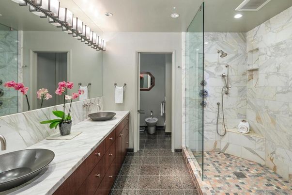 Bathroom, Dual Sink Vanities, Glass Shower, Interior, Marble Walls, Recessed Lighting