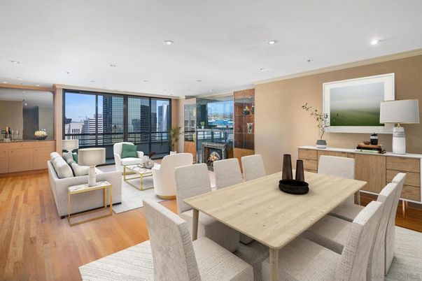 Dining room, Interior, Living room, Recessed Lighting, Wood Texture Flooring